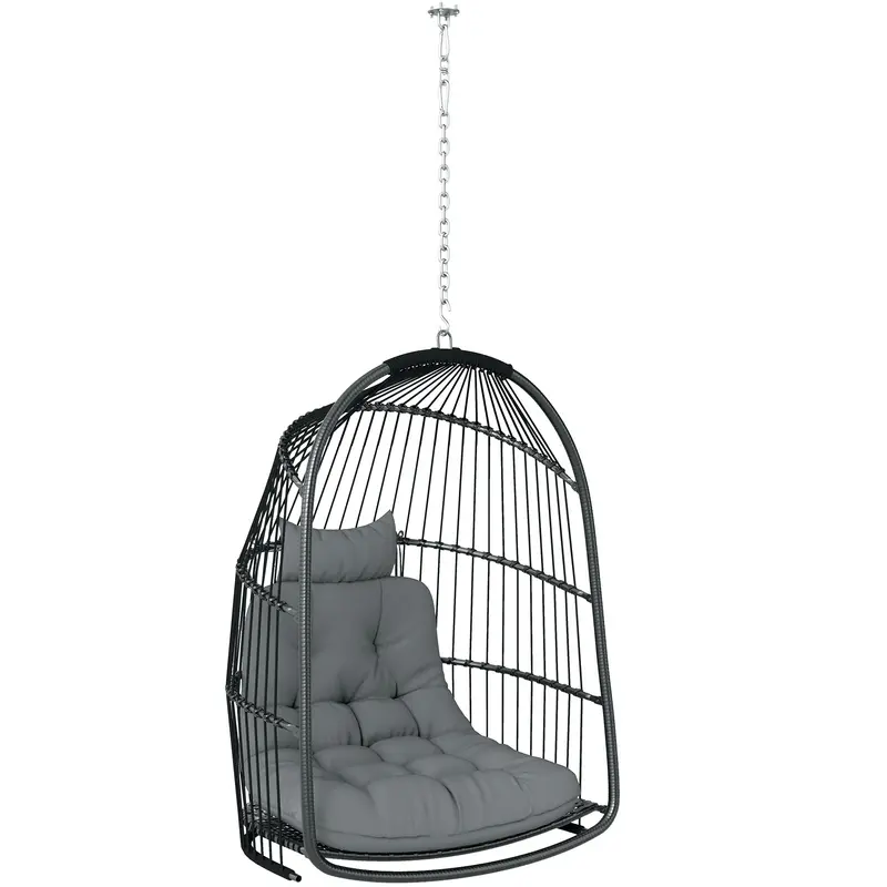 Foldable Hanging Egg Chair With Cushion, Headrest And Kit, Dark Grey 2