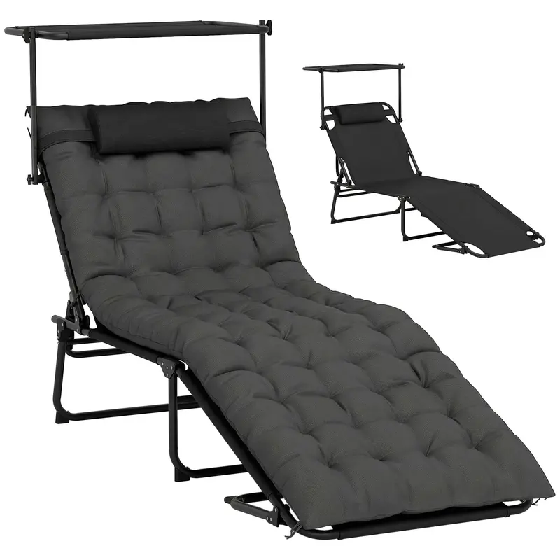 Folding Chaise Lounge Chair With Cushion, Sun Shade And Headrest, Dark Grey 1
