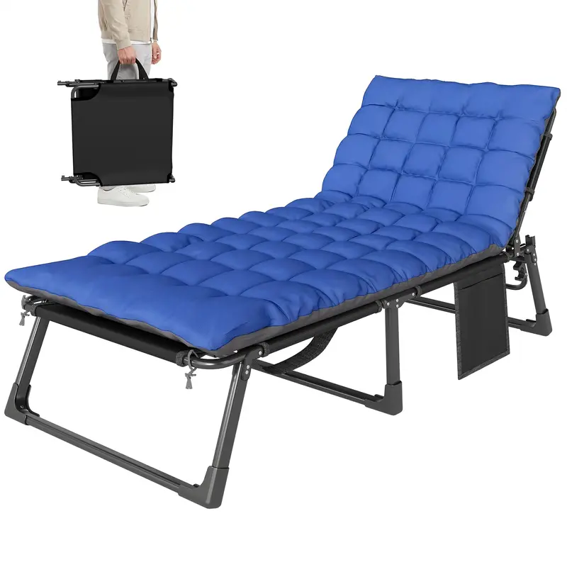Folding Lounge Chair, 75 Cm Wide With Cushion And Side Pocket, Dark Grey/Blue 1