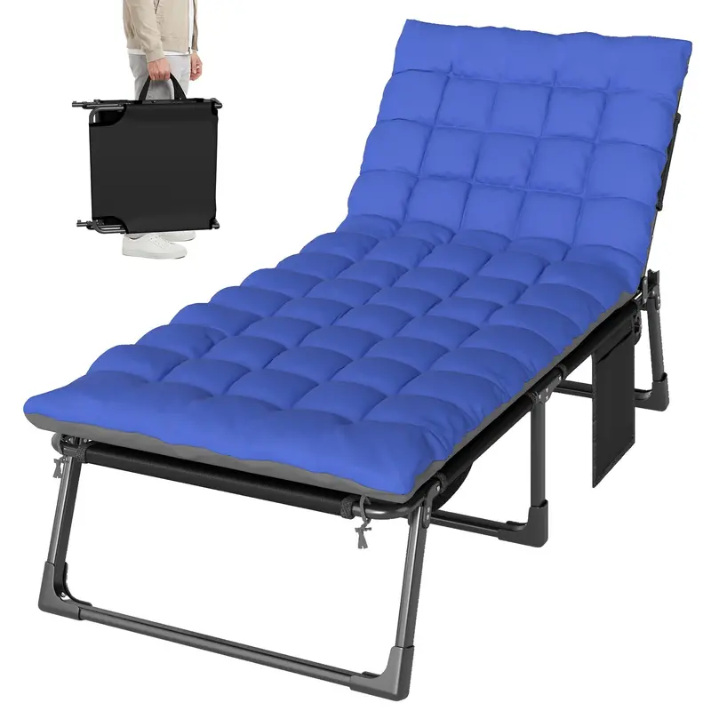 Folding Lounge Chair, 75 Cm Wide With Cushion And Side Pocket, Dark Grey/Blue 2