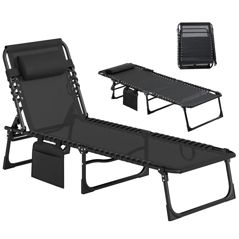 Folding Lounge Chair With Adjustable Backrest And Pillow, Black 1