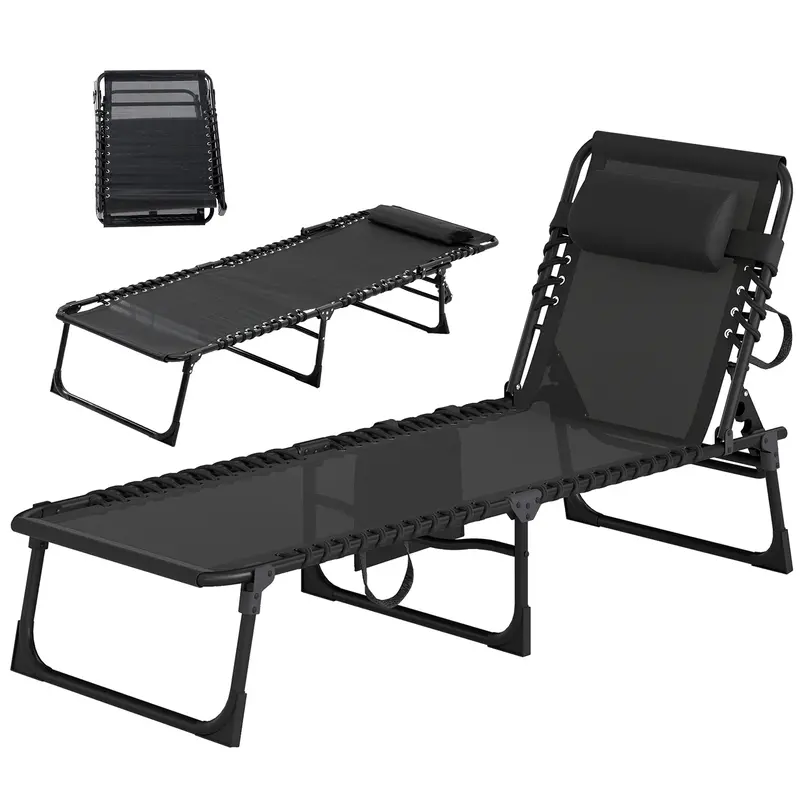 Folding Lounge Chair With Adjustable Backrest And Pillow, Black 2