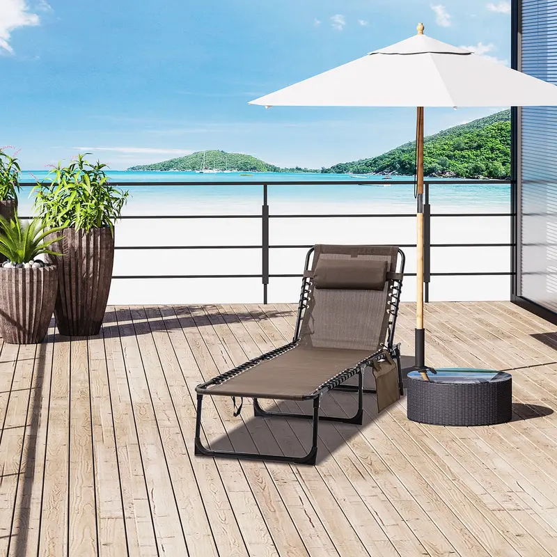 Folding Lounge Chair With Adjustable Backrest And Pillow, Brown 1