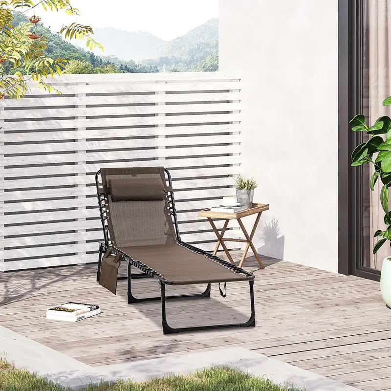 Folding Lounge Chair With Adjustable Backrest And Pillow, Brown 2