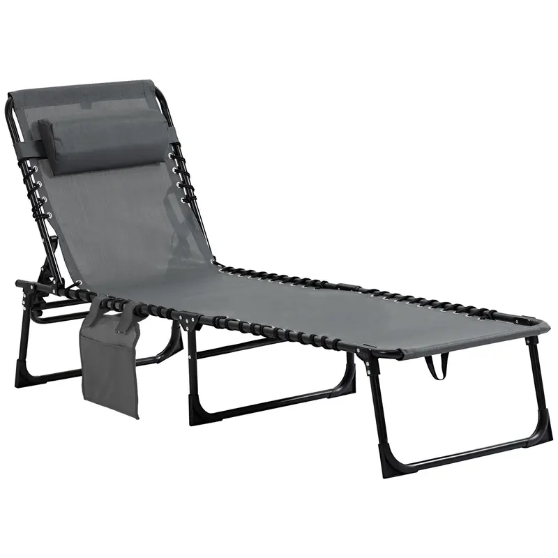 Folding Lounge Chair With Adjustable Backrest And Pillow, Grey 1
