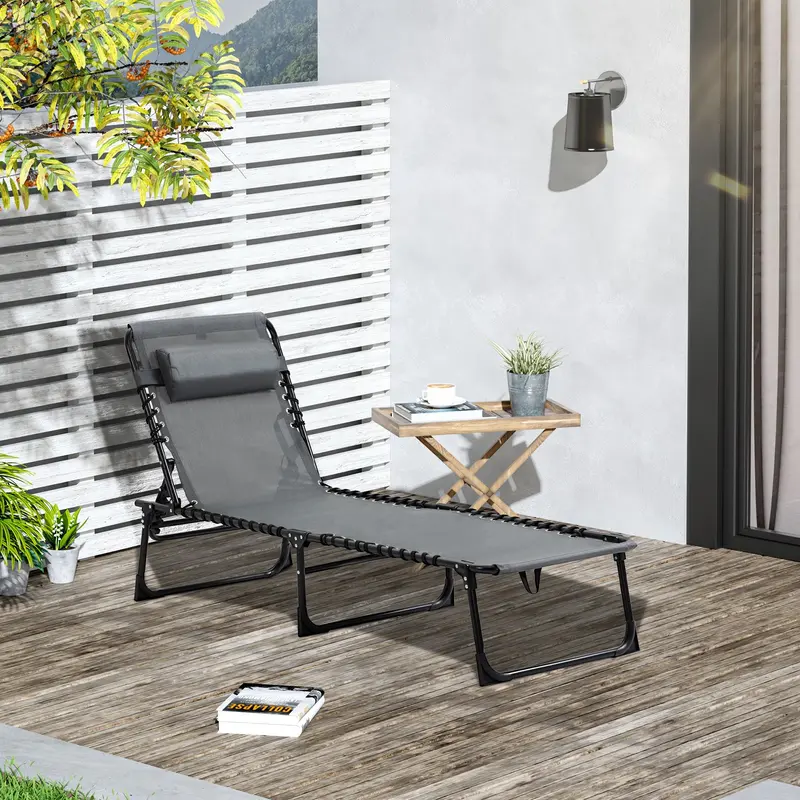 Folding Lounge Chair With Adjustable Backrest And Pillow, Grey 2