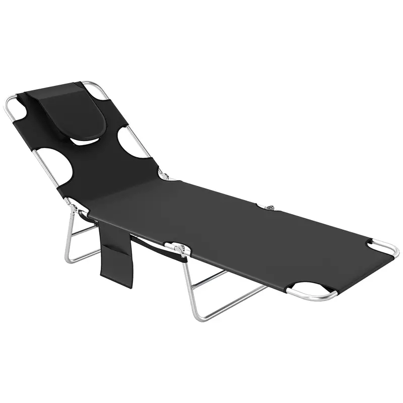 Folding Lounge Chair With Face Hole, Side Pocket And Strap, Black 1