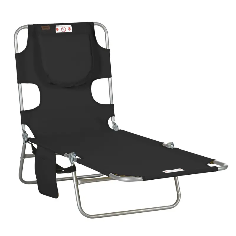 Folding Lounge Chair With Face Hole, Side Pocket And Strap, Black 2