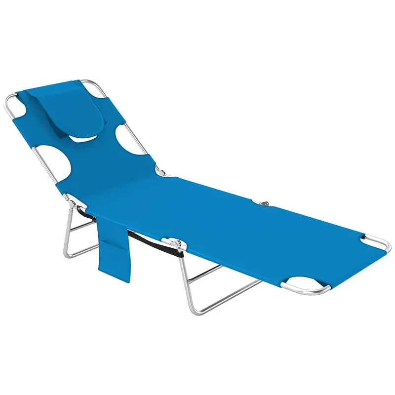 Folding Lounge Chair With Face Hole, Side Pocket And Strap, Blue 1