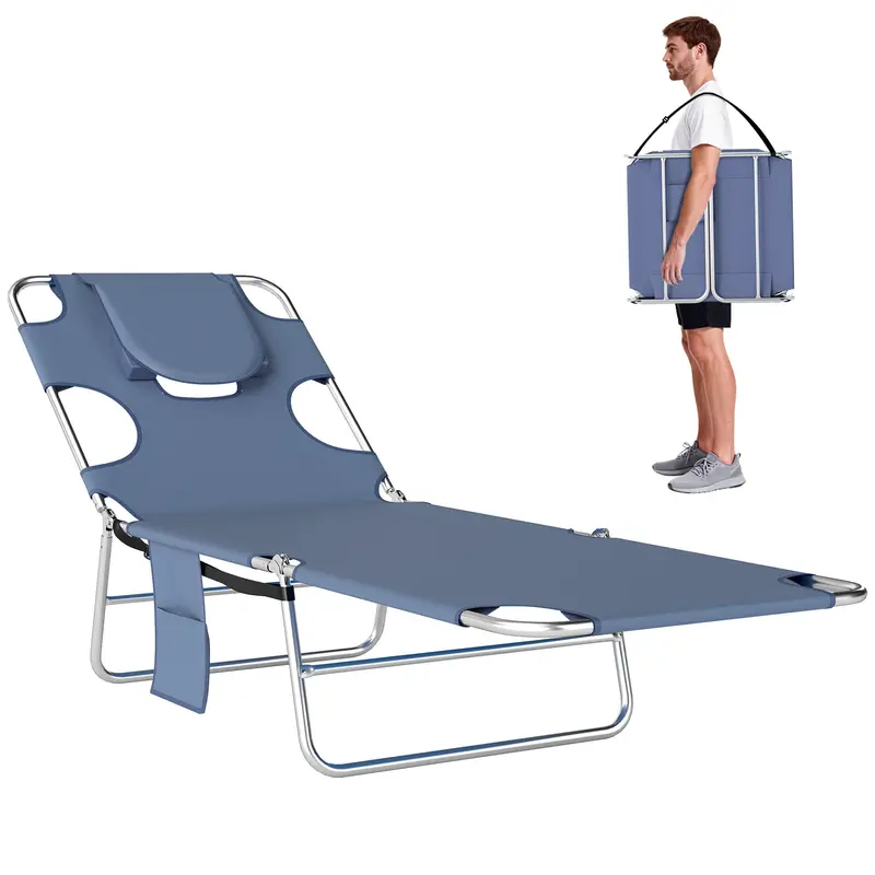 Folding Lounge Chair With Face Hole, Side Pocket And Strap, Grey 1