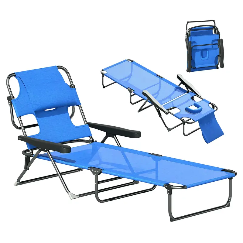 Folding Lounge Chair With Reading Hole And Headrest, Dark Blue 1