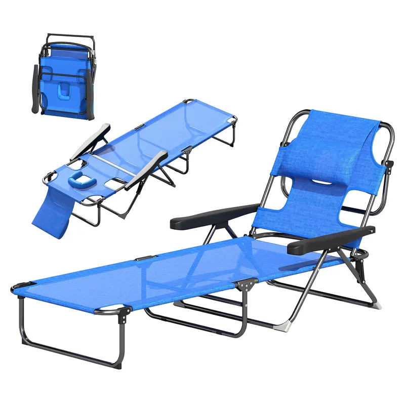 Folding Lounge Chair With Reading Hole And Headrest, Dark Blue 2