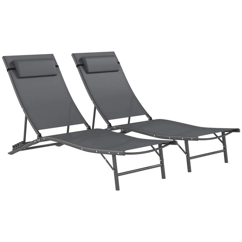 Folding Outdoor Chaise Lounge Chair Set Of 2 With Adjustable Backrest & Headrest, Grey 1