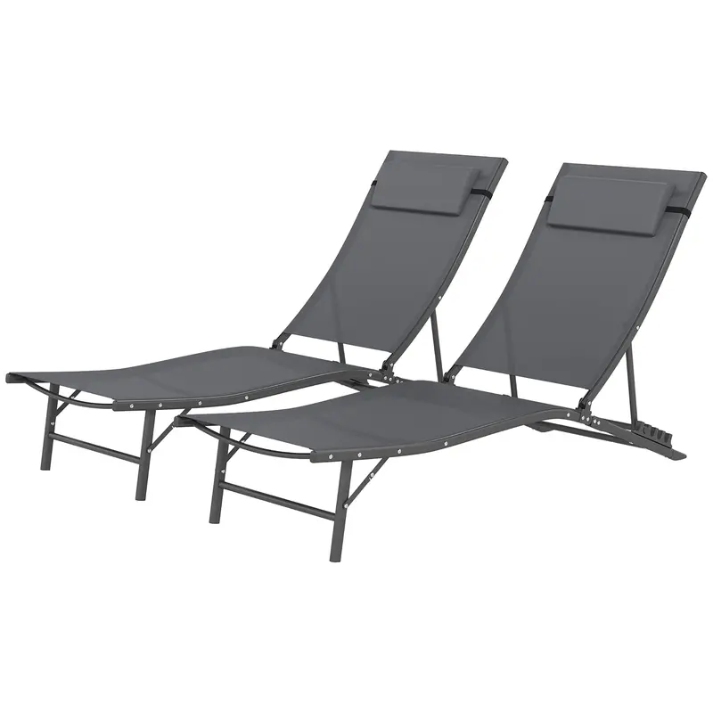 Folding Outdoor Chaise Lounge Chair Set Of 2 With Adjustable Backrest & Headrest, Grey 2
