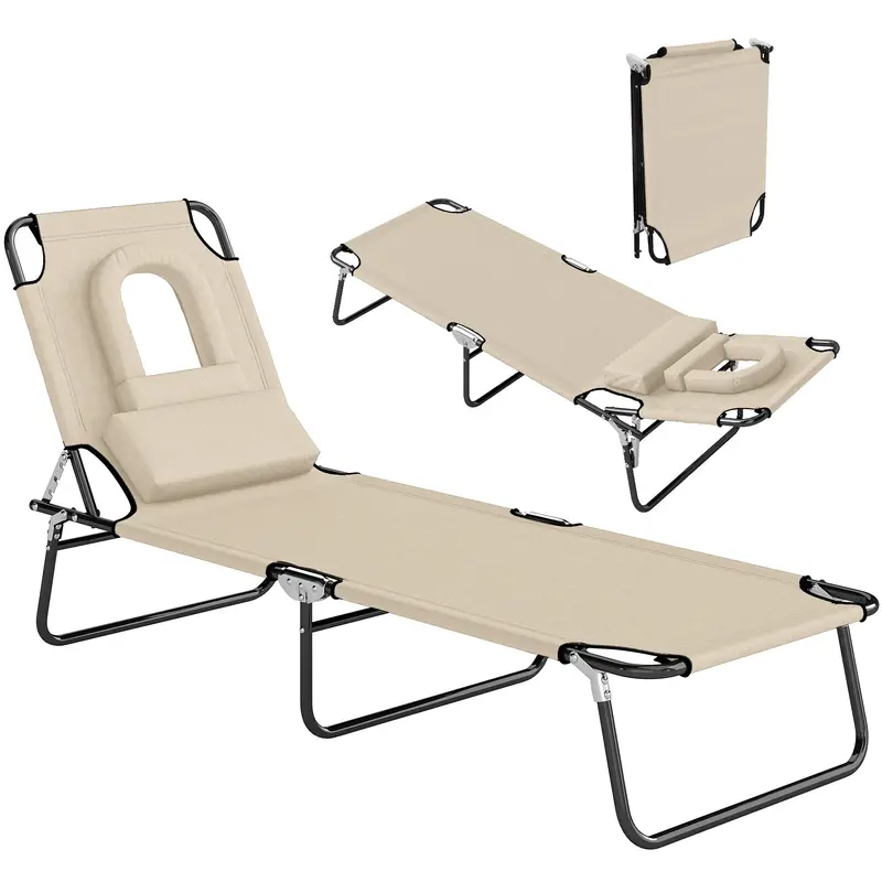 Folding Outdoor Lounge Chair With Face Hole And Pillow, Beige 1