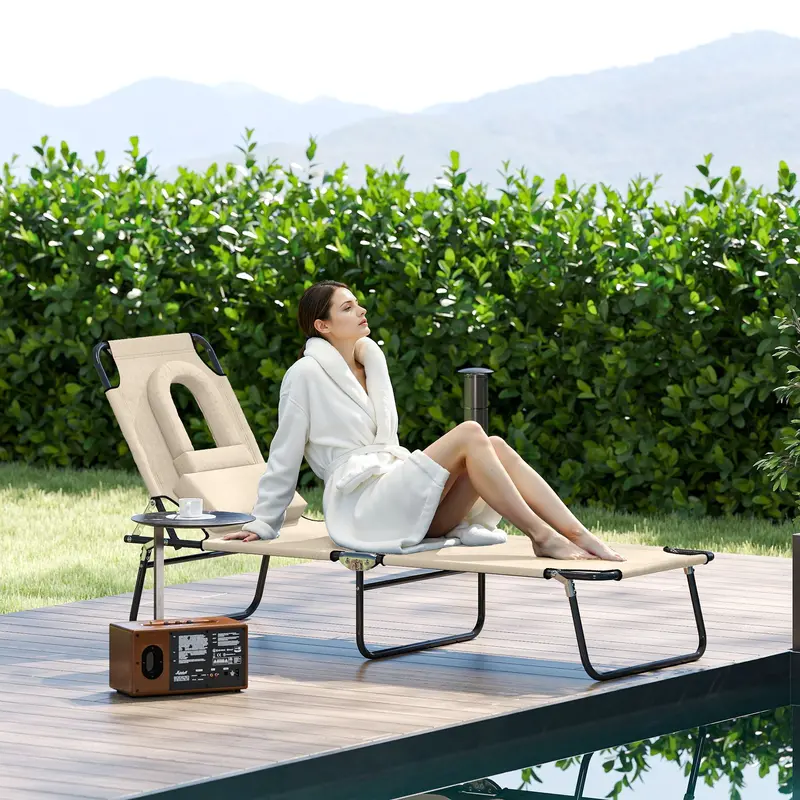 Folding Outdoor Lounge Chair With Face Hole And Pillow, Beige 2