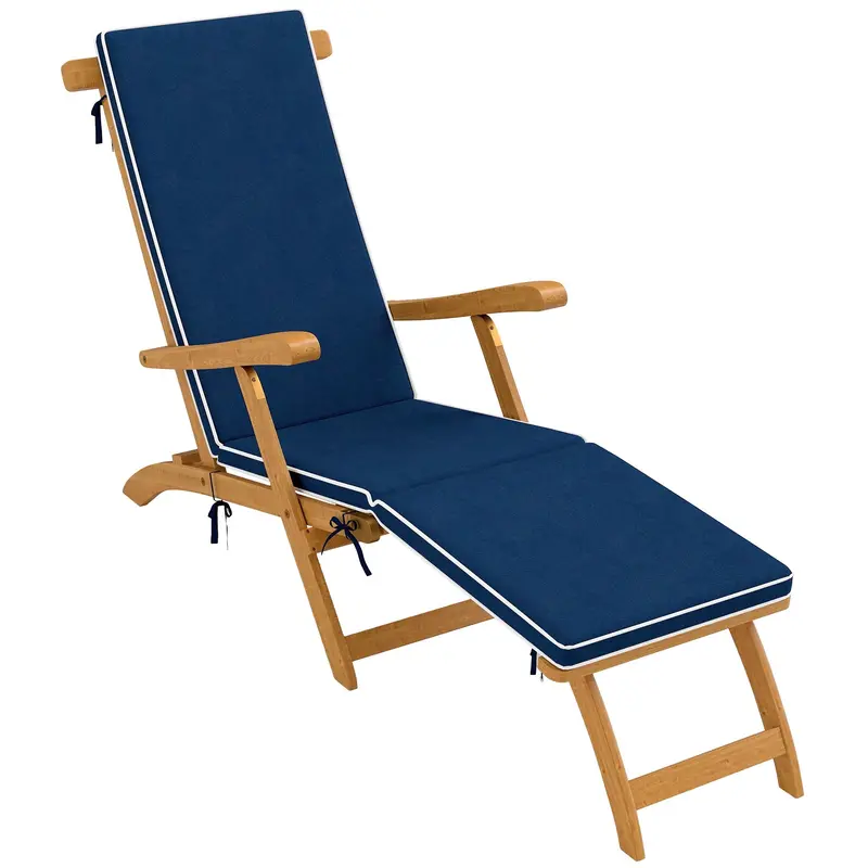 Folding Patio Lounge Chair W/ Padded Cushion & Footrest, Wood Lounger Recliner, Navy Blue 1