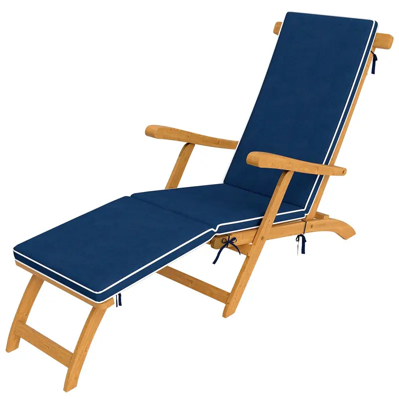 Folding Patio Lounge Chair W/ Padded Cushion & Footrest, Wood Lounger Recliner, Navy Blue 2