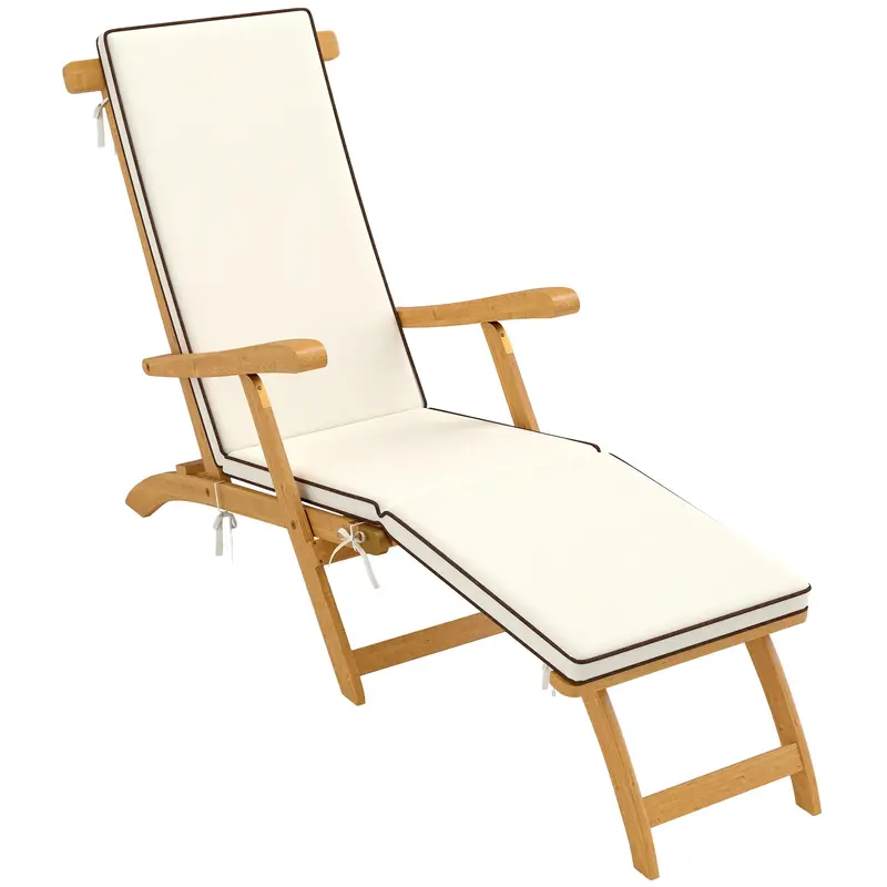 Folding Patio Lounge Chair W/ Padded Cushion & Footrest, Wood Lounger Recliner, White 1