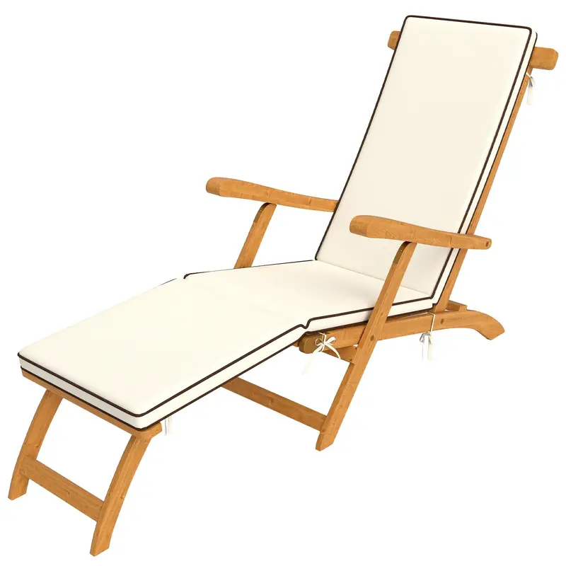 Folding Patio Lounge Chair W/ Padded Cushion & Footrest, Wood Lounger Recliner, White 2