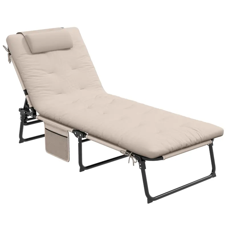 Folding Portable Lounge Chair With 4-Level Reclining Back & Cushion For Garden, Beige 1