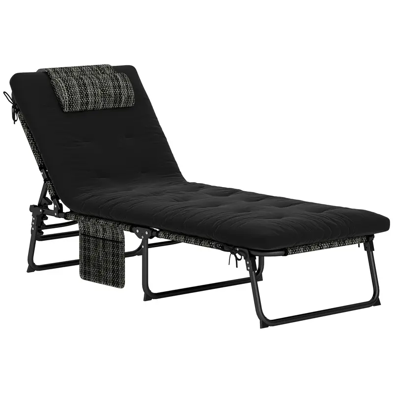 Folding Portable Lounge Chair With 4-Level Reclining Back & Cushion For Garden, Black 1