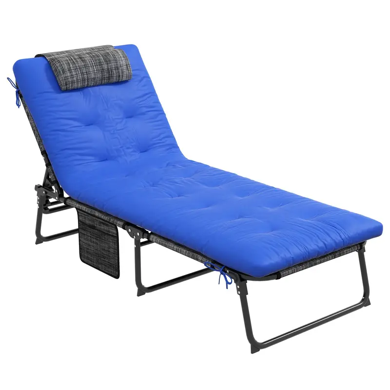 Folding Portable Lounge Chair With 4-Level Reclining Back & Cushion For Garden, Blue 1