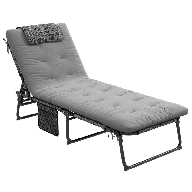 Folding Portable Lounge Chair With 4-Level Reclining Back & Cushion For Garden, Grey 1