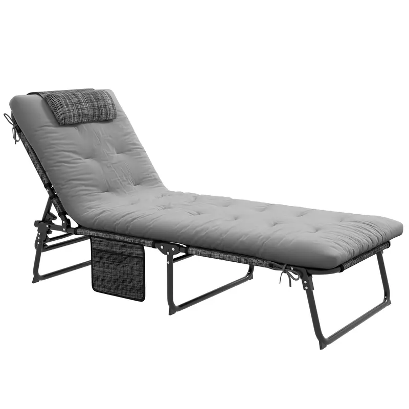 Folding Portable Lounge Chair With 4-Level Reclining Back & Cushion For Garden, Grey 2