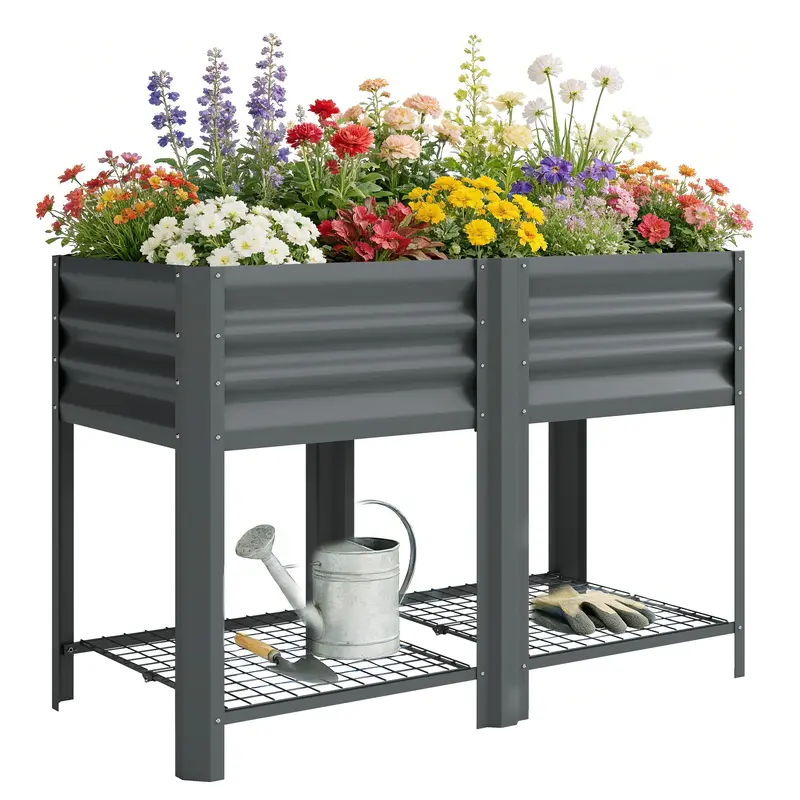 Galvanized Steel Raised Garden Bed With Legs And Storage Shelf, Dark Grey 1