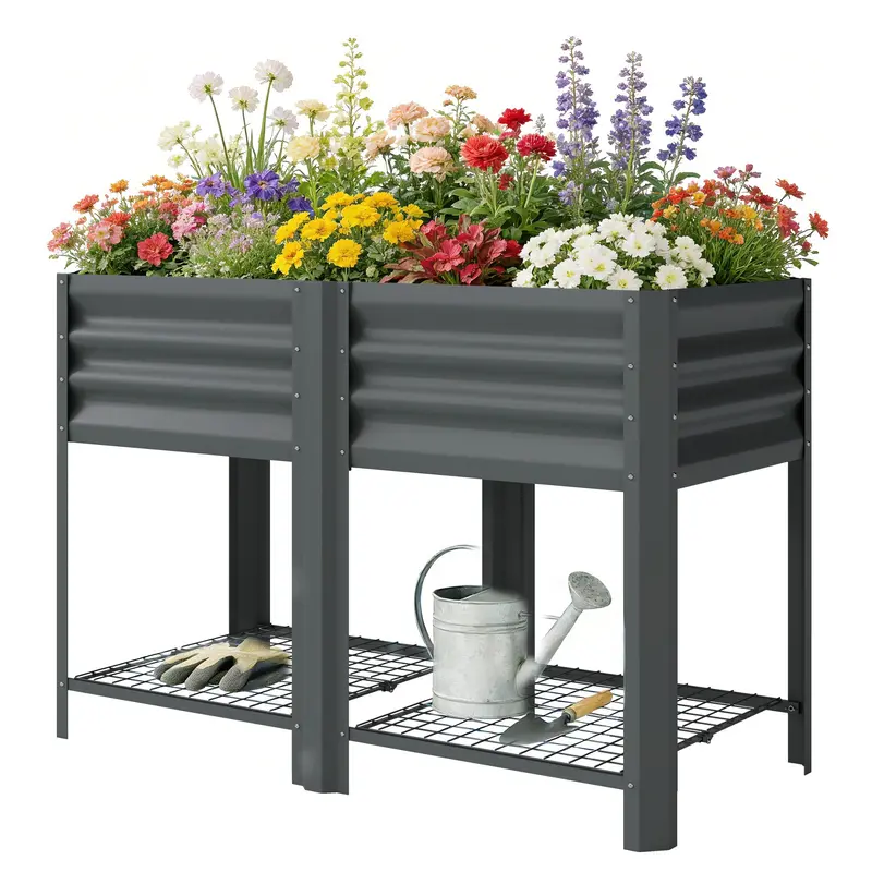 Galvanized Steel Raised Garden Bed With Legs And Storage Shelf, Dark Grey 2
