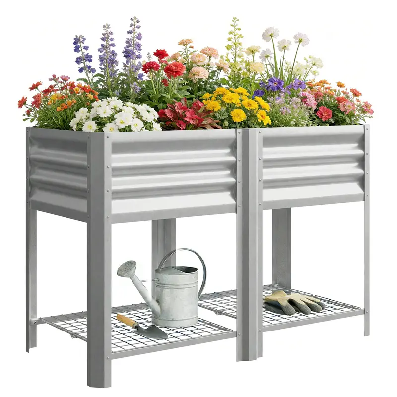 Galvanized Steel Raised Garden Bed With Legs And Storage Shelf, Silver 1