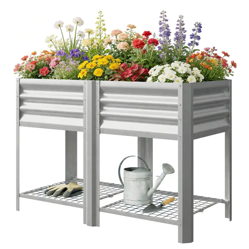 Galvanized Steel Raised Garden Bed With Legs And Storage Shelf, Silver 2
