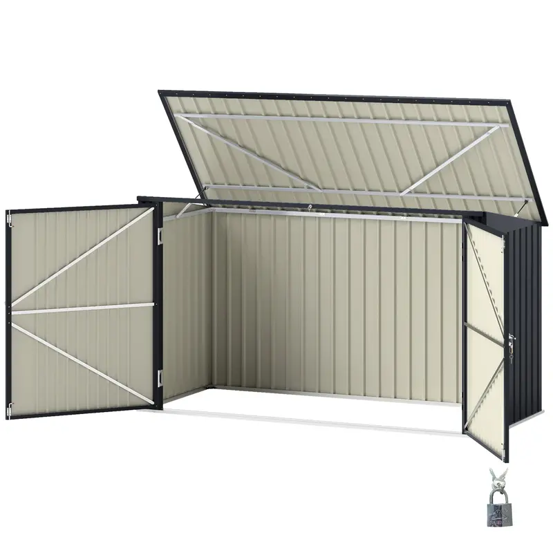 Garbage Bin Shed For 3 Trash Cans With Lockable Double Doors And Openable Lid, Dark Grey 1