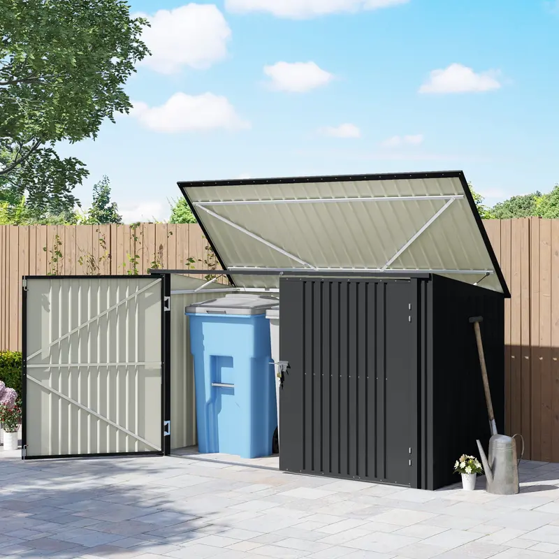 Garbage Bin Shed For 3 Trash Cans With Lockable Double Doors And Openable Lid, Dark Grey 2