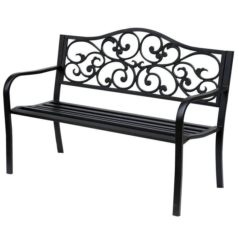 Garden Bench Outdoor Loveseat With Floral Pattern Cast Metal, 50" X 23.6" X 35", Black 1