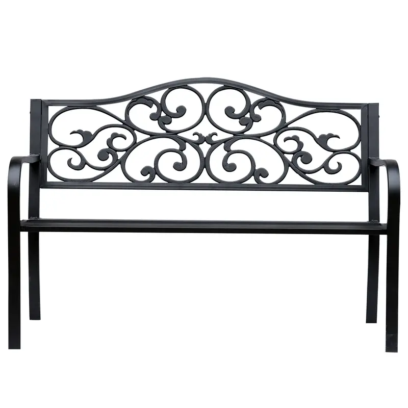 Garden Bench Outdoor Loveseat With Floral Pattern Cast Metal, 50" X 23.6" X 35", Black 2