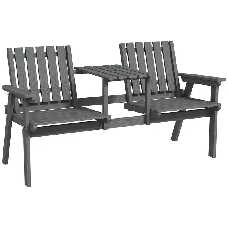 Garden Bench With Middle Table & Umbrella Hole, 2-Seater Wooden Bench, Slat Design, Grey 1