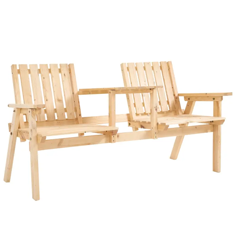 Garden Bench With Middle Table & Umbrella Hole, 2-Seater Wooden Bench, Slat Design, Natural 1
