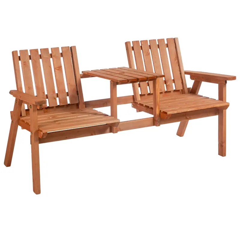 Garden Bench With Middle Table & Umbrella Hole, 2-Seater Wooden Bench, Slat Design, Orange 1