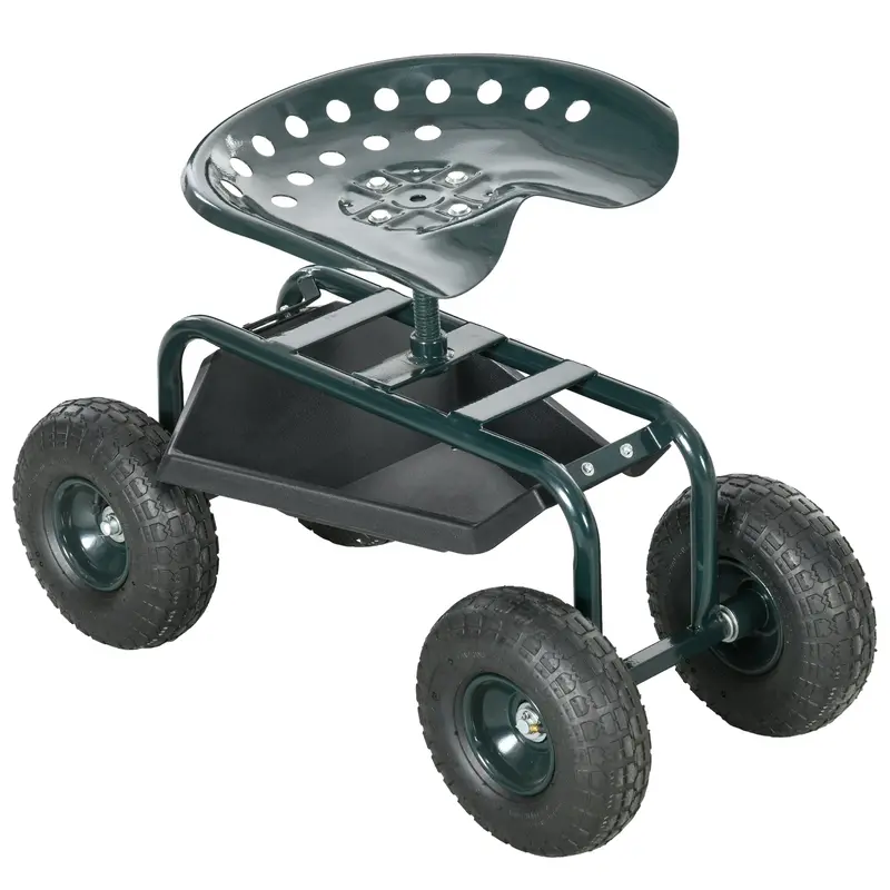 Garden Cart With Seat On Wheels, Tool Tray, 360° Swivel, Height Adjustable 1