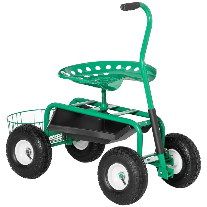 Garden Rolling Cart With Swivel And Adjustable Seat, Tool Tray, Bucket Basket, Green 1