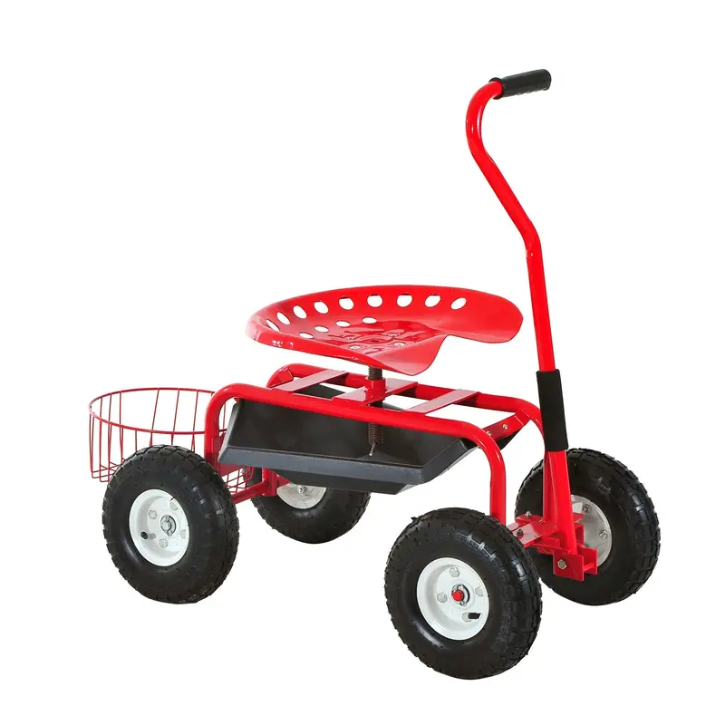 Garden Rolling Cart With Swivel And Adjustable Seat, Tool Tray, Bucket Basket, Red 1