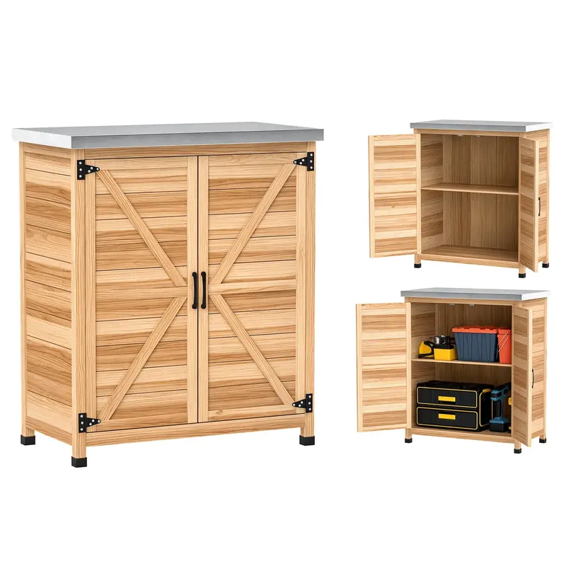 Garden Storage Cabinet With Metal Top, Shelf And Double Doors, Natural 1