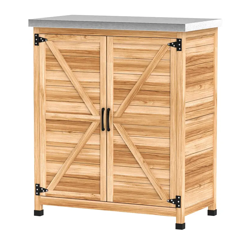 Garden Storage Cabinet With Metal Top, Shelf And Double Doors, Natural 2