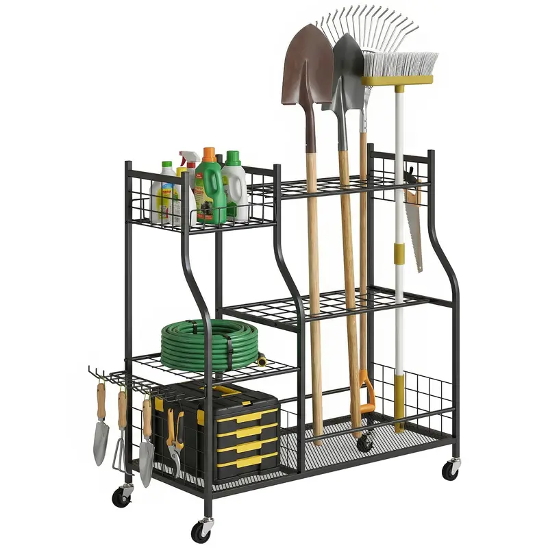 Garden Tool Organizer With 74 Slots, 4 Wheels And 11 Hooks, Black 1