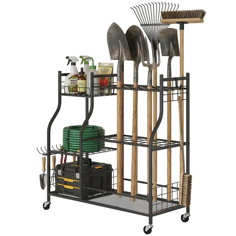 Garden Tool Organizer With 74 Slots, 4 Wheels And 11 Hooks, Black 2