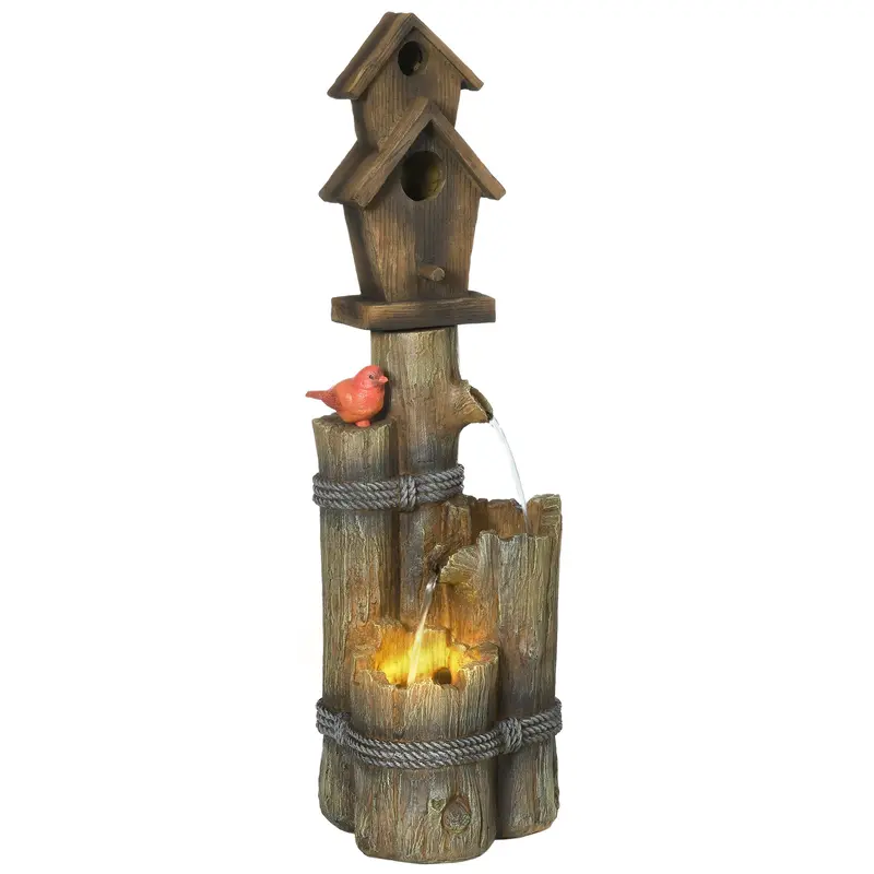Garden Waterfall Bird Bath Fountain With 3-Tier Rustic Tree Trunk, Led Lights, Brown 1