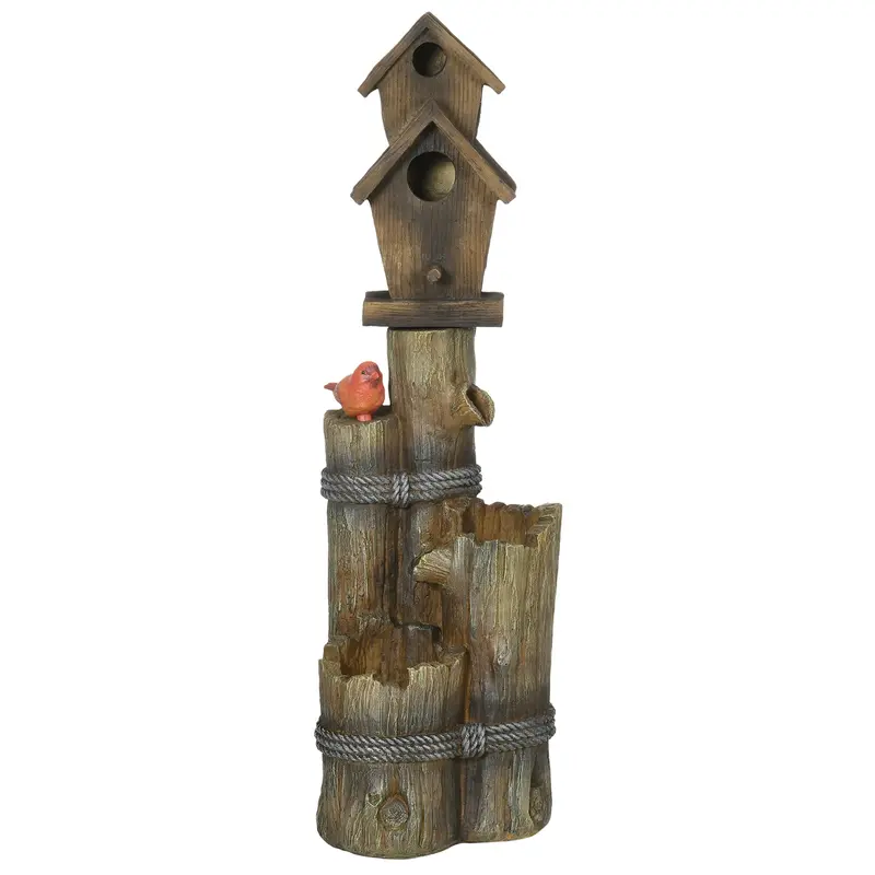 Garden Waterfall Bird Bath Fountain With 3-Tier Rustic Tree Trunk, Led Lights, Brown 2