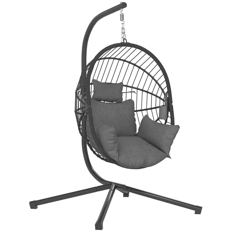 Hanging Egg Chair With Stand, Thick Cushion And Cup Holder, Grey 1